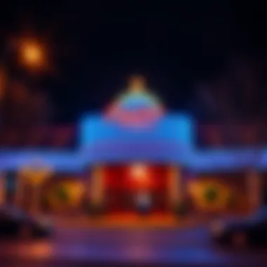 A vibrant casino exterior in Saratoga Springs at night