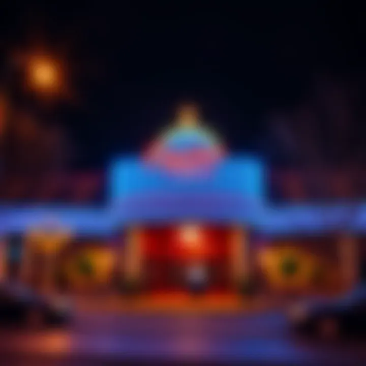 A vibrant casino exterior in Saratoga Springs at night