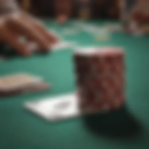 A close-up view of poker chips and cards on a table