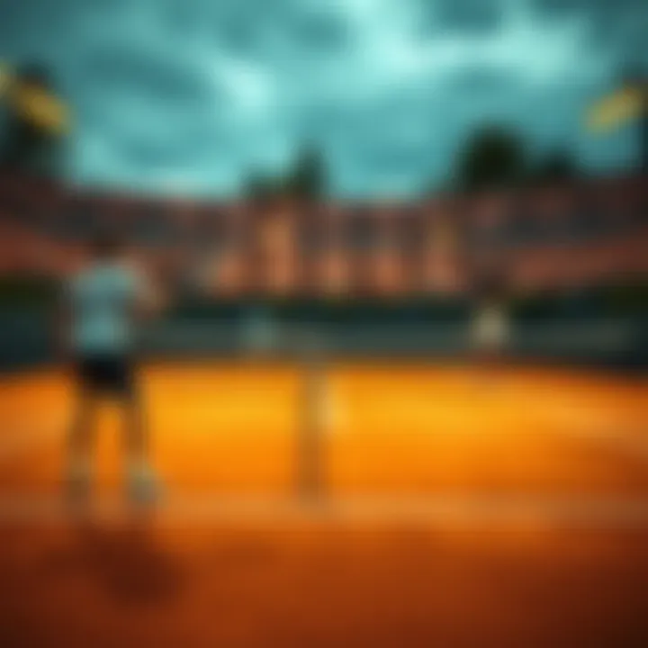 Tennis court with players in action