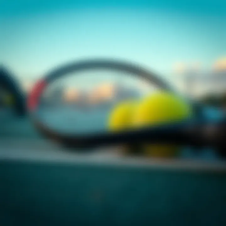 Close-up of tennis racquet and balls on court