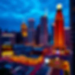 A panoramic view of downtown Chicago showcasing the vibrant skyline and casino lights at night.