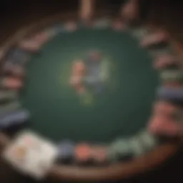 An overview of a Texas Hold'em poker table with chips and cards.