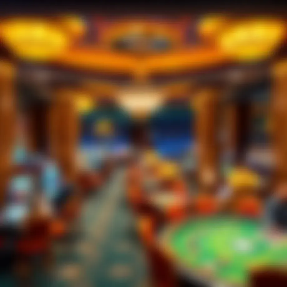 A panoramic view of a luxurious casino in Romania featuring elegant architecture and vibrant gaming floors