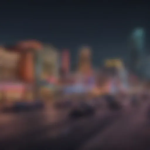 A panoramic view of Denver's bustling casino district with neon lights illuminating the night sky.