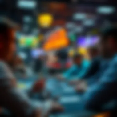 Strategizing in the Lottery Game Environment Players discussing strategies in a lively atmosphere